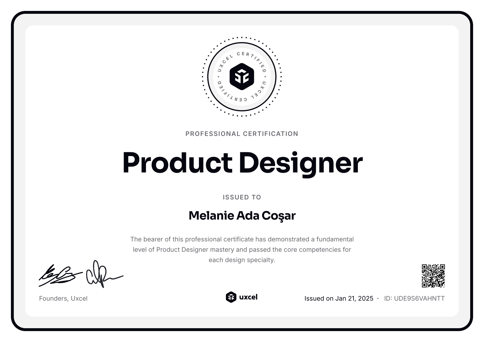Melanie Ada Coşar's certificate